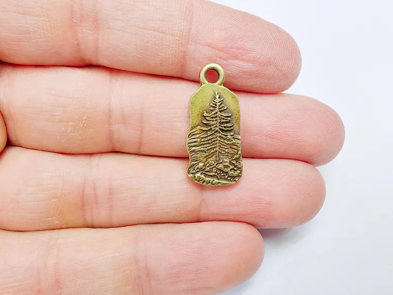 2 Pine Tree Rocky, Mountain Charms, Forest Landscape Pendant, Nature Pendant Boho Earring Charms, Antique Bronze Plated 26x12mm G36883