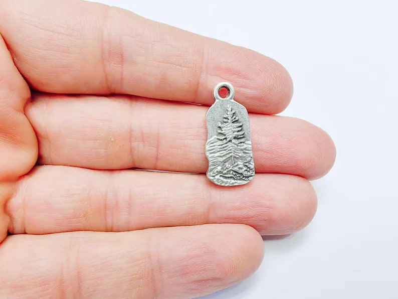 Pine Tree Rocky, Mountain Charms, Forest Landscape Pendant, Nature Pendant Boho Earring Charms, Antique Silver Plated 26x12mm G36887