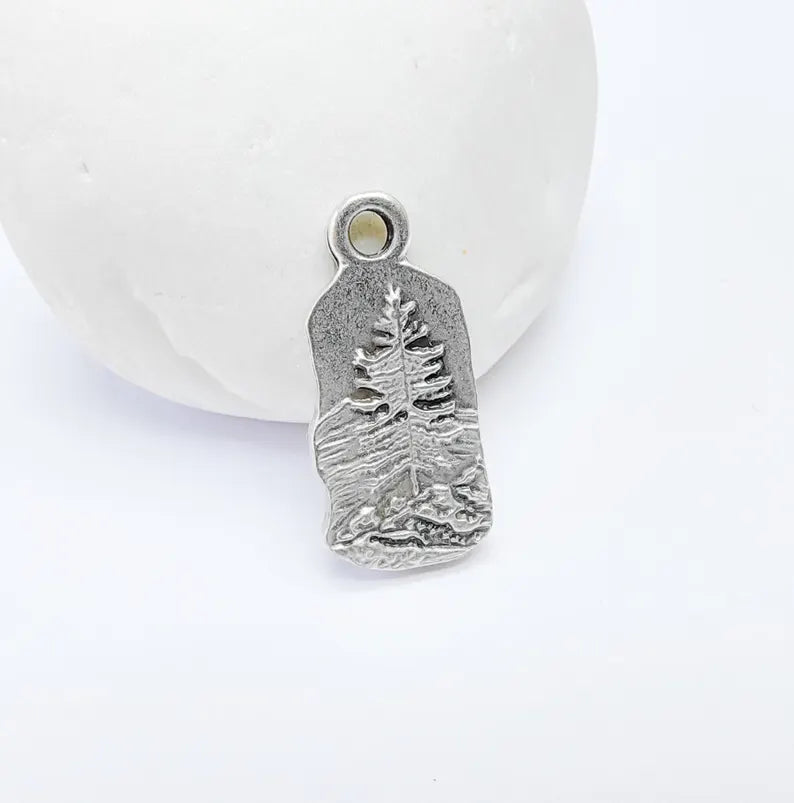 Pine Tree Rocky, Mountain Charms, Forest Landscape Pendant, Nature Pendant Boho Earring Charms, Antique Silver Plated 26x12mm G36887