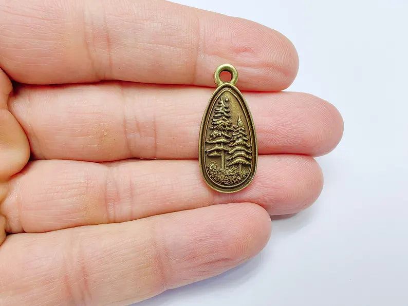 2 Pine Tree Forest Stars Charms, Nature Pendant Boho Earring Charms, Dangle Pendant, Necklace Part, Antique Bronze Plated Zamac 30x14mm G36889