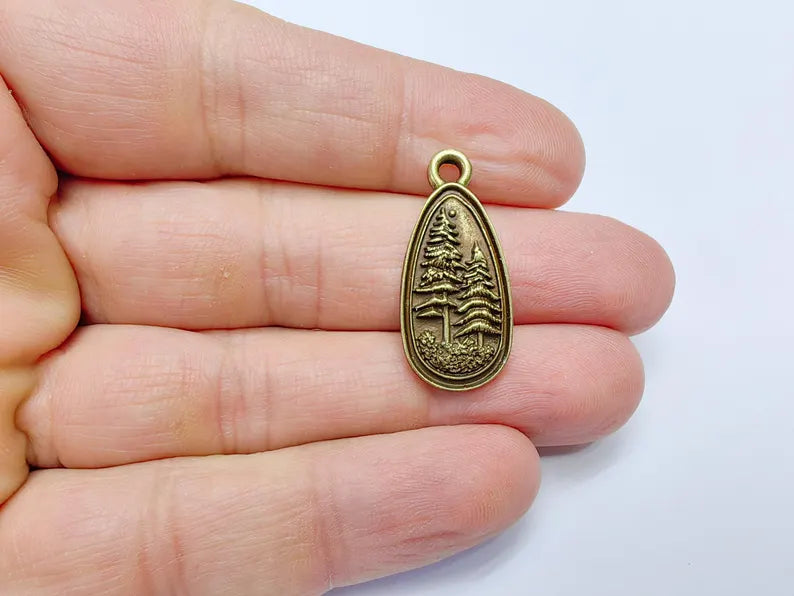 2 Pine Tree Forest Stars Charms, Nature Pendant Boho Earring Charms, Dangle Pendant, Necklace Part, Antique Bronze Plated Zamac 30x14mm G36889