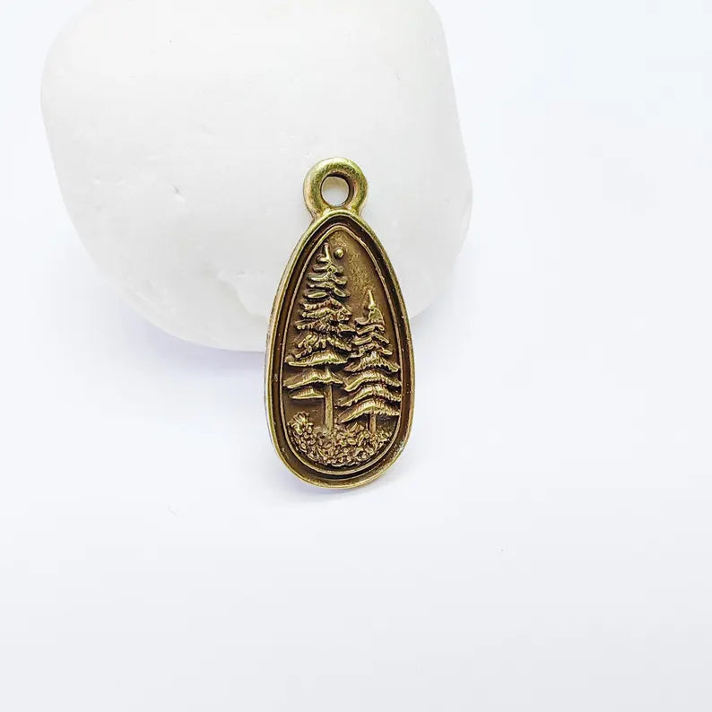 2 Pine Tree Forest Stars Charms, Nature Pendant Boho Earring Charms, Dangle Pendant, Necklace Part, Antique Bronze Plated Zamac 30x14mm G36889