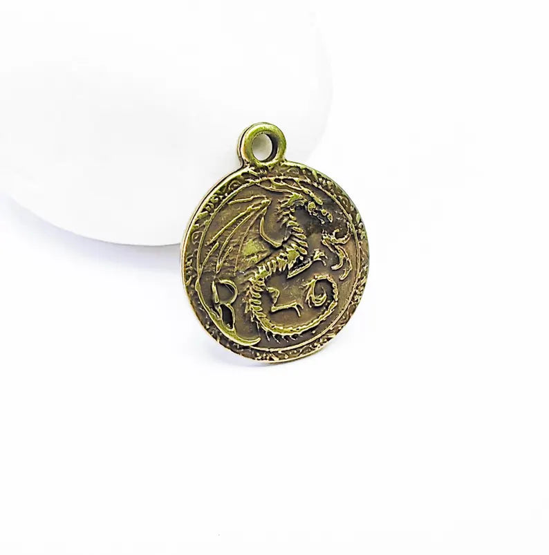 Dragon Charm, Bohemian Pendant, Mystical and Fantasy Charm, Mystic Earring Charm, Gothic Pendant, Antique Bronze Plated 26x22mm G36890