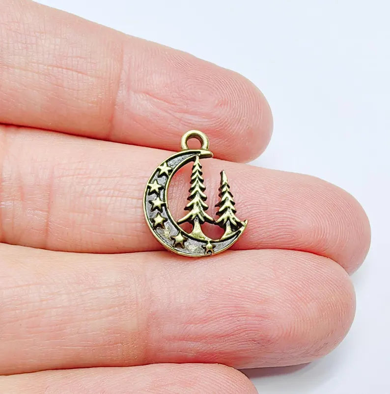 4 Moon Star and Pine Tree Pendant, Boho Charm, Earring Charm, Dangle Pendant, Necklace Parts, Antique Bronze Plated Metal 18x15mm G36893