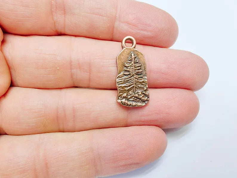 2 Pine Tree Rocky, Mountain Charms, Forest Landscape Pendant, Nature Pendant Boho Earring Charms, Antique Copper Plated 26x12mm G36895
