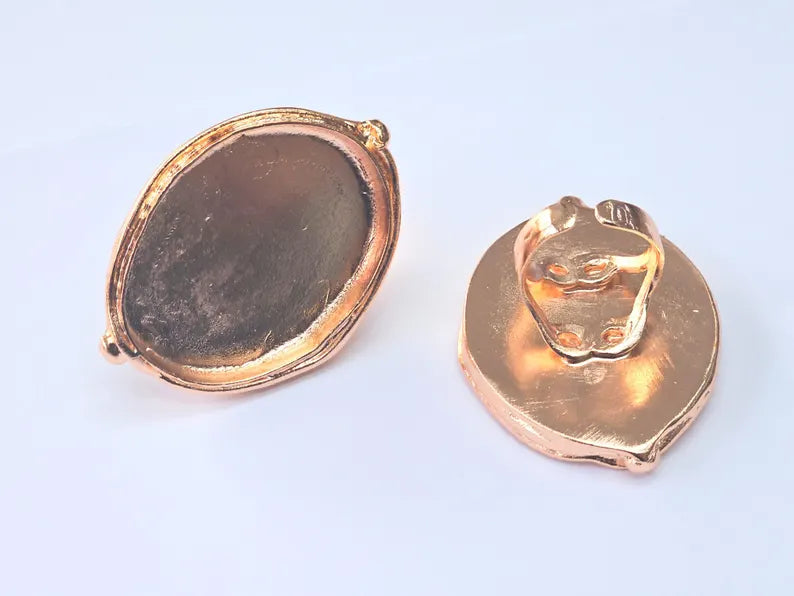 Rose Gold Ring Blank Setting Cabochon Base inlay Ring Hammered Mounting Adjustable Ring Bezel (40x30mm blank ) Rose Gold Plated Brass G36947