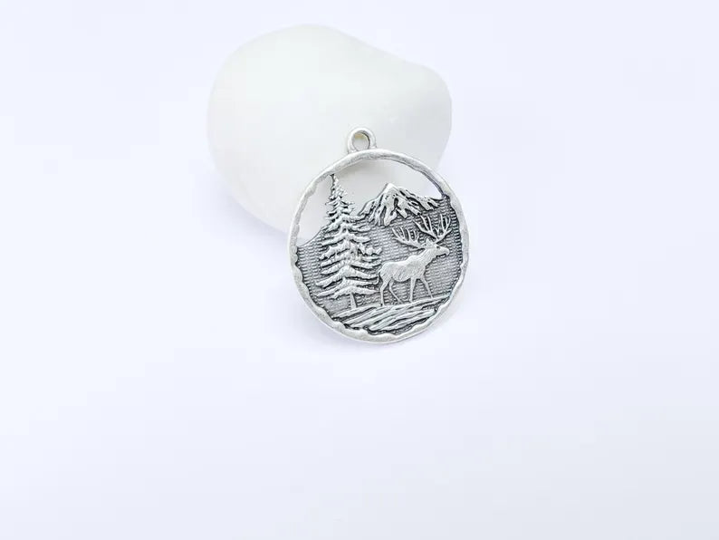 Elk Pendant, Deer Charms, Moose Forest Wildlife Charm, Mountain Tree, Rustic Boho DIY Craft Supply, Antique Silver Plated 39x34mm G36902