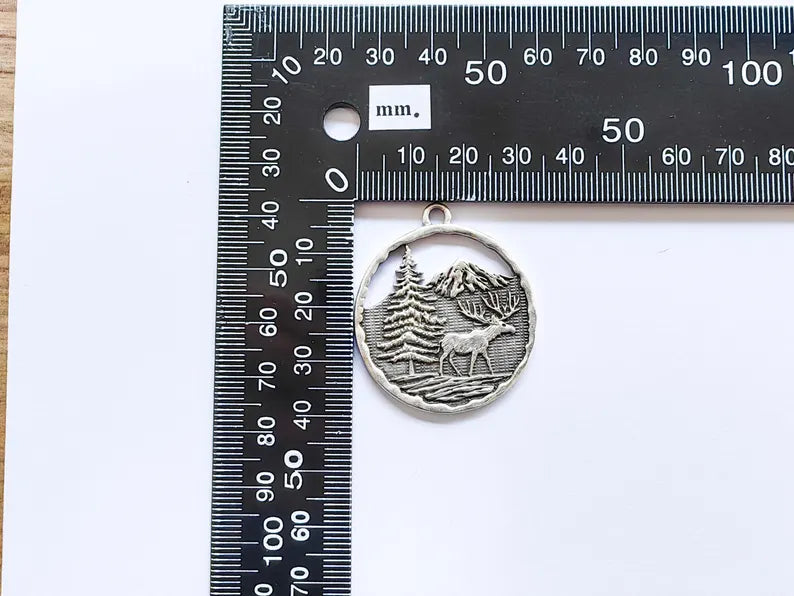 Elk Pendant, Deer Charms, Moose Forest Wildlife Charm, Mountain Tree, Rustic Boho DIY Craft Supply, Antique Silver Plated 39x34mm G36902