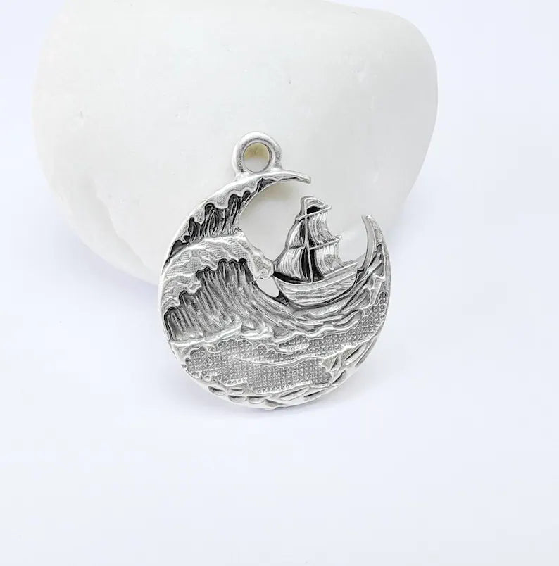 Sailing Ship Charm, Ocean Wave Pendant, Nautical Jewelry, Sea Maritime Rustic Adventure Necklace, Antique Silver Plated 29x25mm G36903