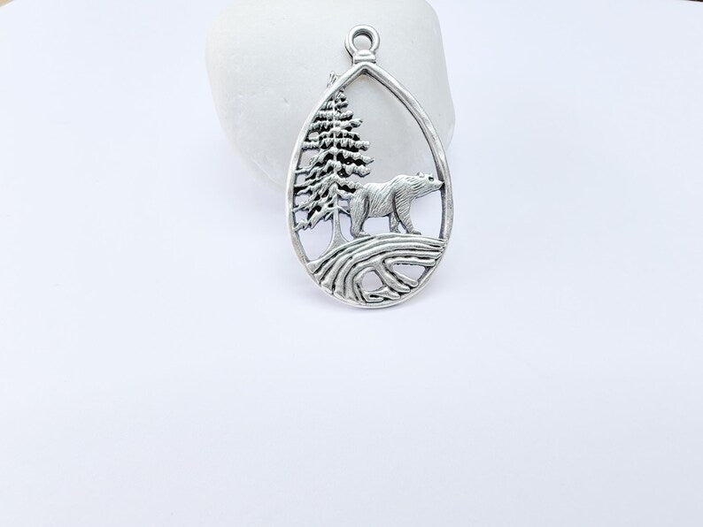 Bear Pendant, Forest Nature Charm, Polar Bear Wildlife Necklace, Rustic Boho Jewelry, Mountain Pendant, Antique Silver Plated 43x25mm G36907