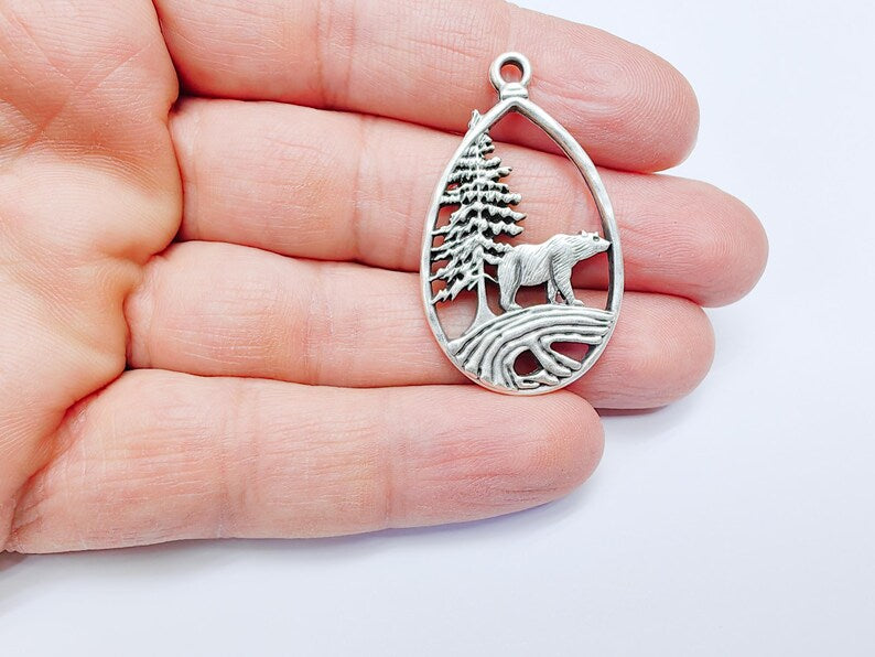 Bear Pendant, Forest Nature Charm, Polar Bear Wildlife Necklace, Rustic Boho Jewelry, Mountain Pendant, Antique Silver Plated 43x25mm G36907
