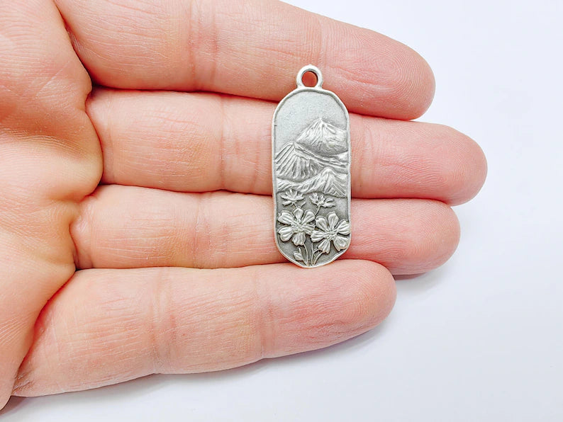 Floral Mountain Charm, Nature Pendant, Hiking Necklace Supply, Outdoor Adventure, Boho Rustic Earring, Antique Silver Plated 39x15mm G36908