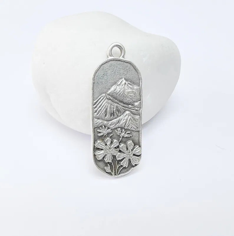 Floral Mountain Charm, Nature Pendant, Hiking Necklace Supply, Outdoor Adventure, Boho Rustic Earring, Antique Silver Plated 39x15mm G36908