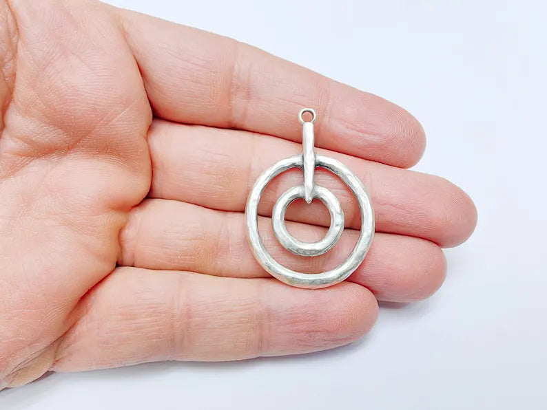 Double Circle Pendant, Geometric Boho Charm, Modern Minimalist Jewelry, DIY Rustic Necklace Craft, Antique Silver Plated 42x30mm G36910