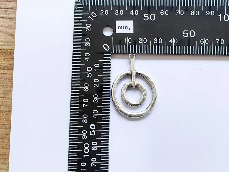 Double Circle Pendant, Geometric Boho Charm, Modern Minimalist Jewelry, DIY Rustic Necklace Craft, Antique Silver Plated 42x30mm G36910