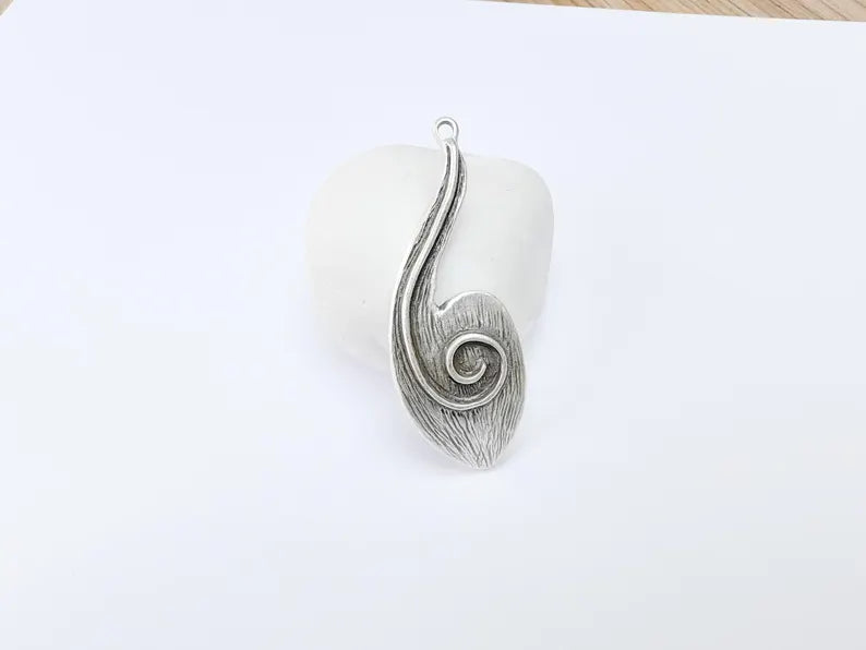 Silver Dangle Pendant, Hammered Charms, Ethnic Earring Charms, Silver Rustic Pendant, Necklace Parts, Antique Silver Plated 61x23mm G36911