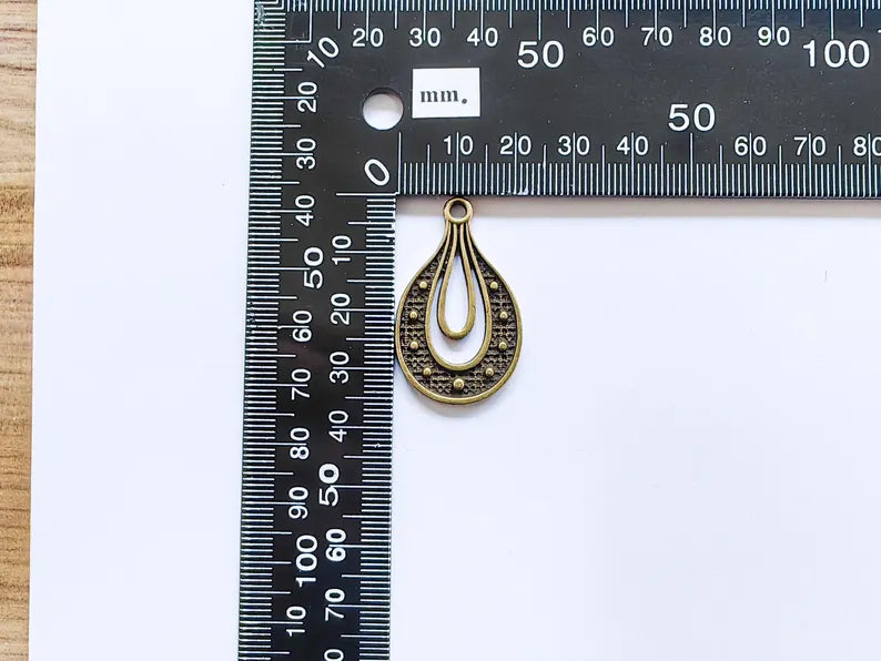 Teardrop Pendant, Filigree Boho Charm, Vintage Drop Jewelry, DIY Craft Rustic Elegant Necklace Supply, Antique Bronze Plated 36x22mm G36920