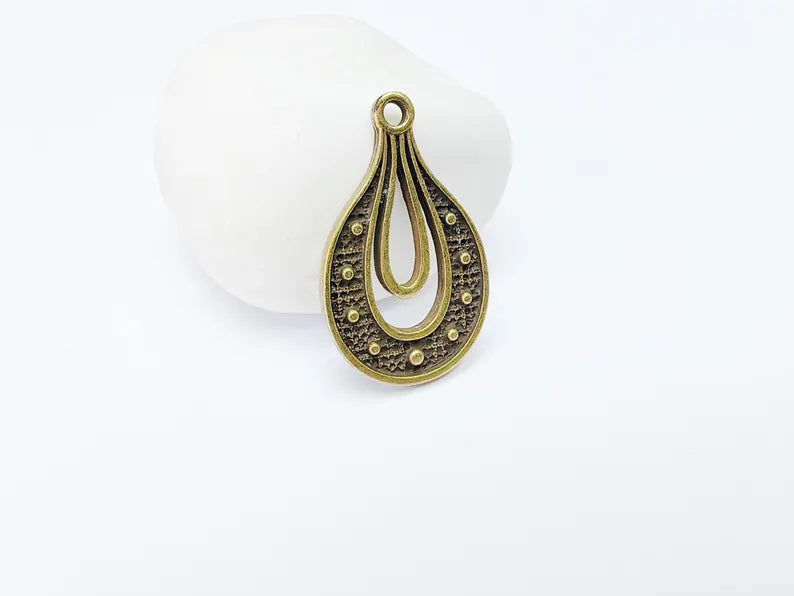 Teardrop Pendant, Filigree Boho Charm, Vintage Drop Jewelry, DIY Craft Rustic Elegant Necklace Supply, Antique Bronze Plated 36x22mm G36920
