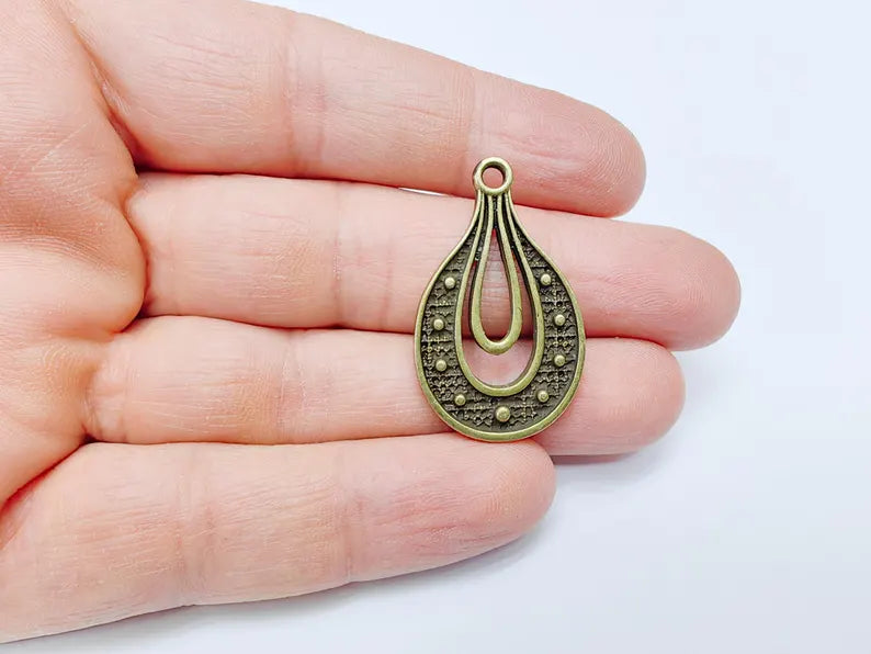 Teardrop Pendant, Filigree Boho Charm, Vintage Drop Jewelry, DIY Craft Rustic Elegant Necklace Supply, Antique Bronze Plated 36x22mm G36920