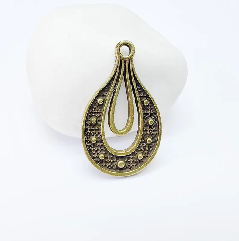 Teardrop Pendant, Filigree Boho Charm, Vintage Drop Jewelry, DIY Craft Rustic Elegant Necklace Supply, Antique Bronze Plated 36x22mm G36920