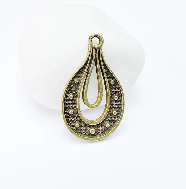 Teardrop Pendant, Filigree Boho Charm, Vintage Drop Jewelry, DIY Craft Rustic Elegant Necklace Supply, Antique Bronze Plated 36x22mm G36920