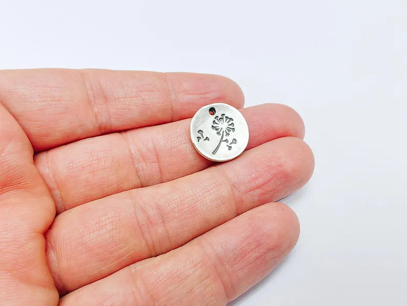 2 Dandelion Charm, Small Round Pendant, Boho Nature Necklace, DIY Jewelry Making, Minimalist Gift, Antique Silver Plated 17mm G36950