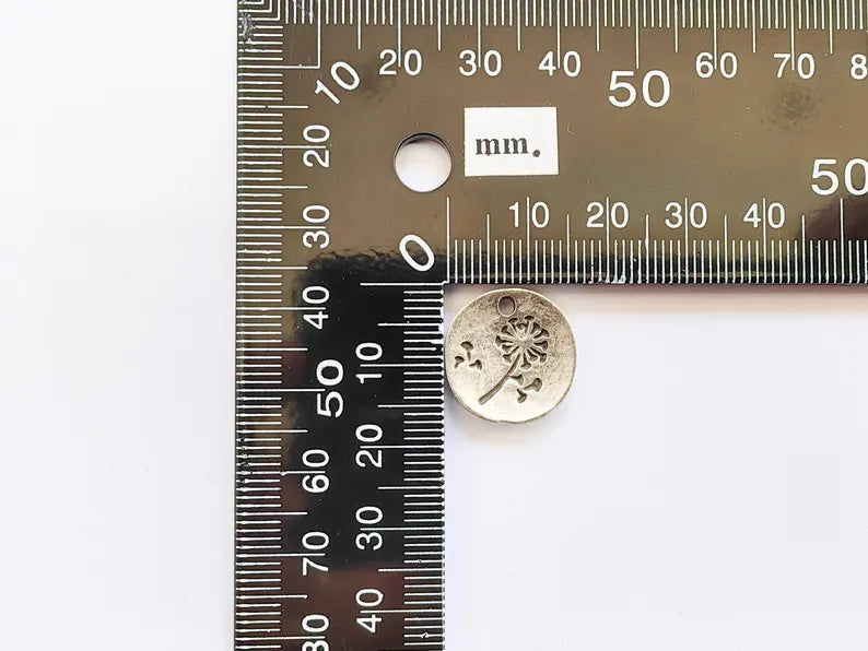 2 Dandelion Charm, Small Round Pendant, Boho Nature Necklace, DIY Jewelry Making, Minimalist Gift, Antique Silver Plated 17mm G36950