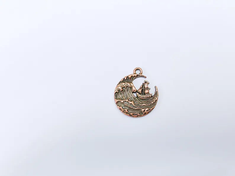 Sailing Ship Charm, Ocean Wave Pendant, Nautical Jewelry, Sea Maritime Rustic Adventure Necklace, Antique Copper Plated 29x25mm G36919