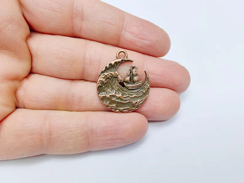 Sailing Ship Charm, Ocean Wave Pendant, Nautical Jewelry, Sea Maritime Rustic Adventure Necklace, Antique Copper Plated 29x25mm G36919