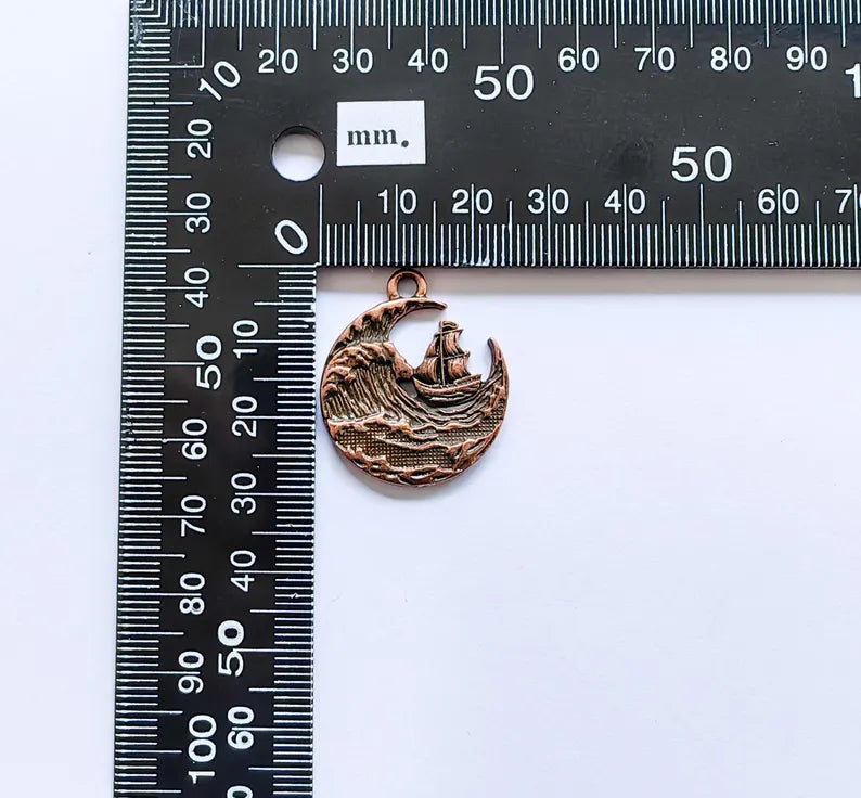 Sailing Ship Charm, Ocean Wave Pendant, Nautical Jewelry, Sea Maritime Rustic Adventure Necklace, Antique Copper Plated 29x25mm G36919