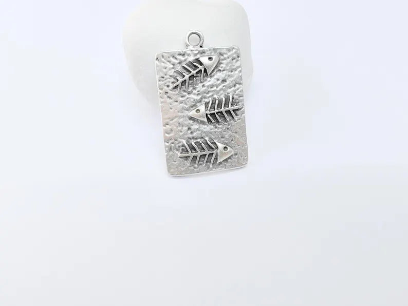 Fishbone Charm, Fish Skeleton Pendant, Ocean Boho Nautical Necklace, Marine Life Statement Piece, Antique Silver Plated 43x26mm G36951