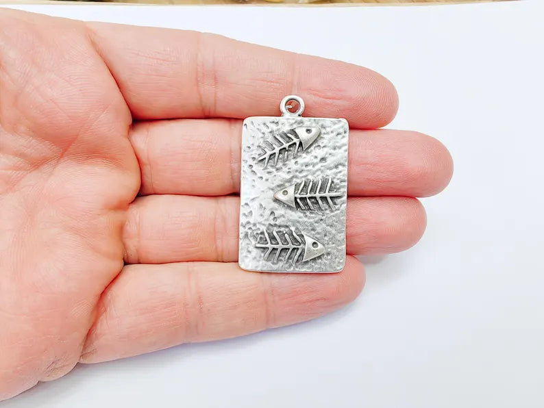 Fishbone Charm, Fish Skeleton Pendant, Ocean Boho Nautical Necklace, Marine Life Statement Piece, Antique Silver Plated 43x26mm G36951