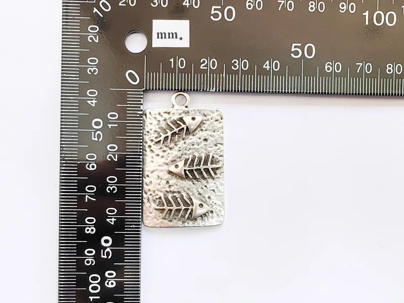 Fishbone Charm, Fish Skeleton Pendant, Ocean Boho Nautical Necklace, Marine Life Statement Piece, Antique Silver Plated 43x26mm G36951