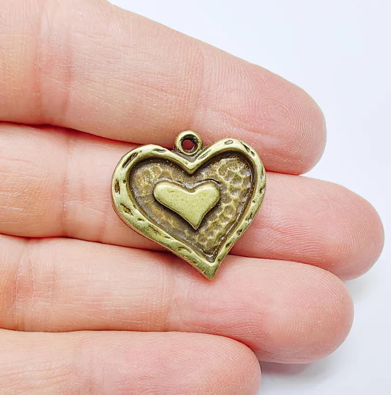 Double Heart Charm, Heart Pendant, Romantic Boho Jewelry Supply, DIY Necklace Bracelet Craft, Love Symbol, Antique Bronze Plated 23mm G36917