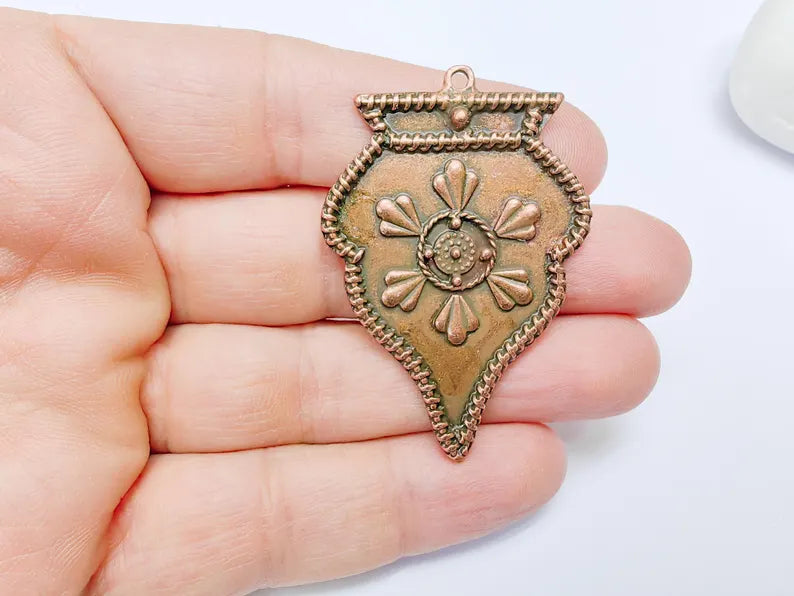 Ethnic Pendant, Tribal Boho Charm, Vintage Ornate Necklace, DIY Jewelry, Rustic Statement Craft Supply, Antique Copper Plated 55x38mm G36922
