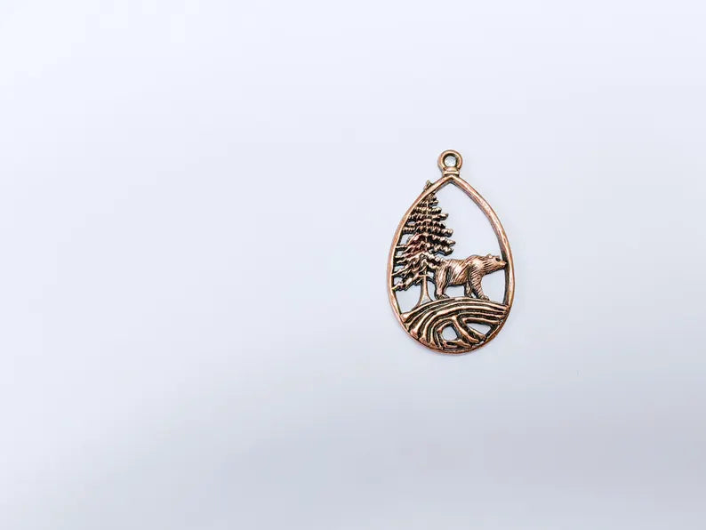 Bear Pendant, Forest Nature Charm, Polar Bear Wildlife Necklace, Rustic Boho Jewelry, Mountain Pendant, Antique Copper Plated 43x25mm G36923