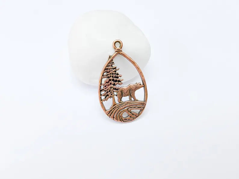Bear Pendant, Forest Nature Charm, Polar Bear Wildlife Necklace, Rustic Boho Jewelry, Mountain Pendant, Antique Copper Plated 43x25mm G36923