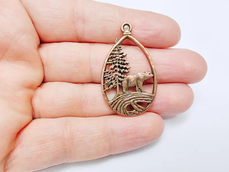 Bear Pendant, Forest Nature Charm, Polar Bear Wildlife Necklace, Rustic Boho Jewelry, Mountain Pendant, Antique Copper Plated 43x25mm G36923