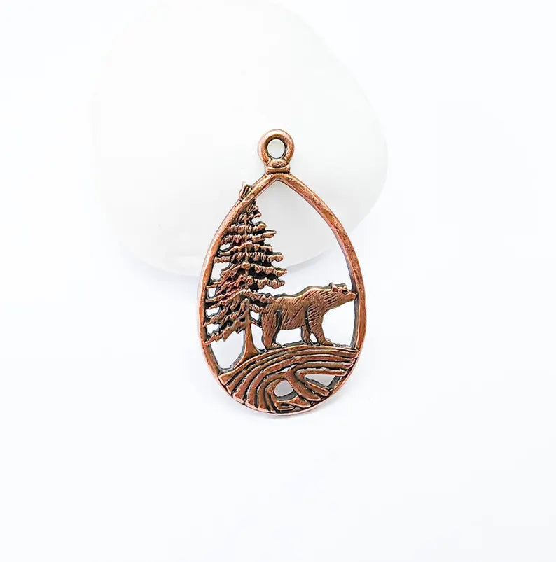 Bear Pendant, Forest Nature Charm, Polar Bear Wildlife Necklace, Rustic Boho Jewelry, Mountain Pendant, Antique Copper Plated 43x25mm G36923