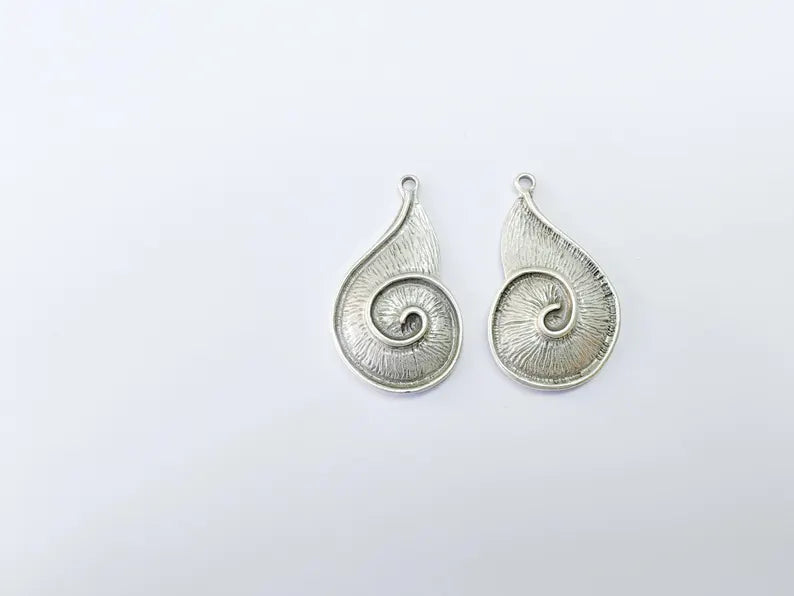 Boho Dangle Charm, Right and Left Spiral Pendant, Nautical Charm, Beach Earring, Rustic Nature Craft, Antique Silver Plated 43x24mm G36953