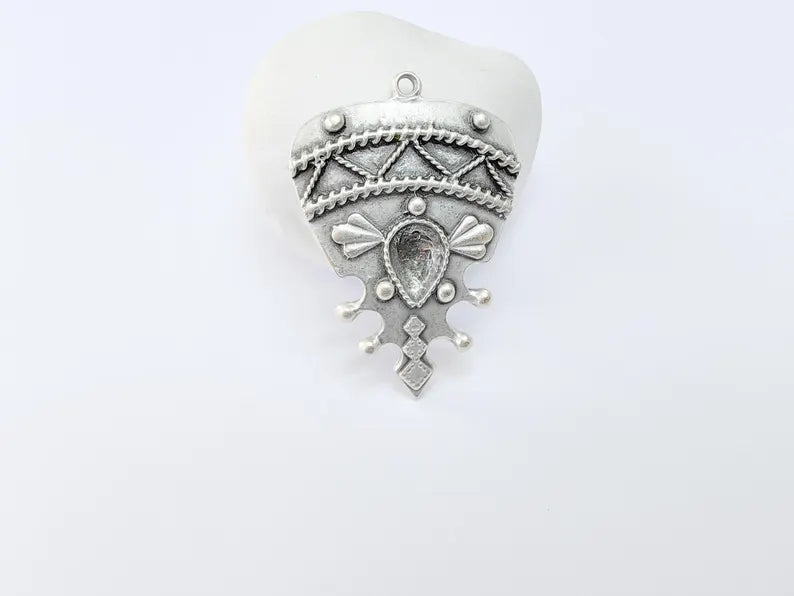 Tribal Pendant, Ethnic Boho Charm, Rustic Statement Necklace, Vintage Bohemian Craft Supply Antique Silver Plated 48x34mm G36954