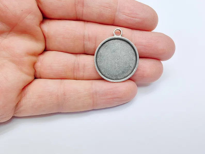 Round Bezel Pendant, Cabochon Setting, DIY Resin Frame, Blank Tray Base, Jewelry Making Supplies, Antique Silver Plated (24mm) G36955