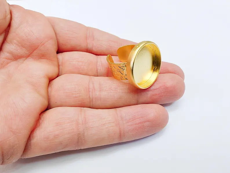 Gold Ring Base Blank Setting Cabochon Base inlay Ring Backs Mounting Adjustable Ring Base Bezel (22mm blank) Gold Plated Metal G36959