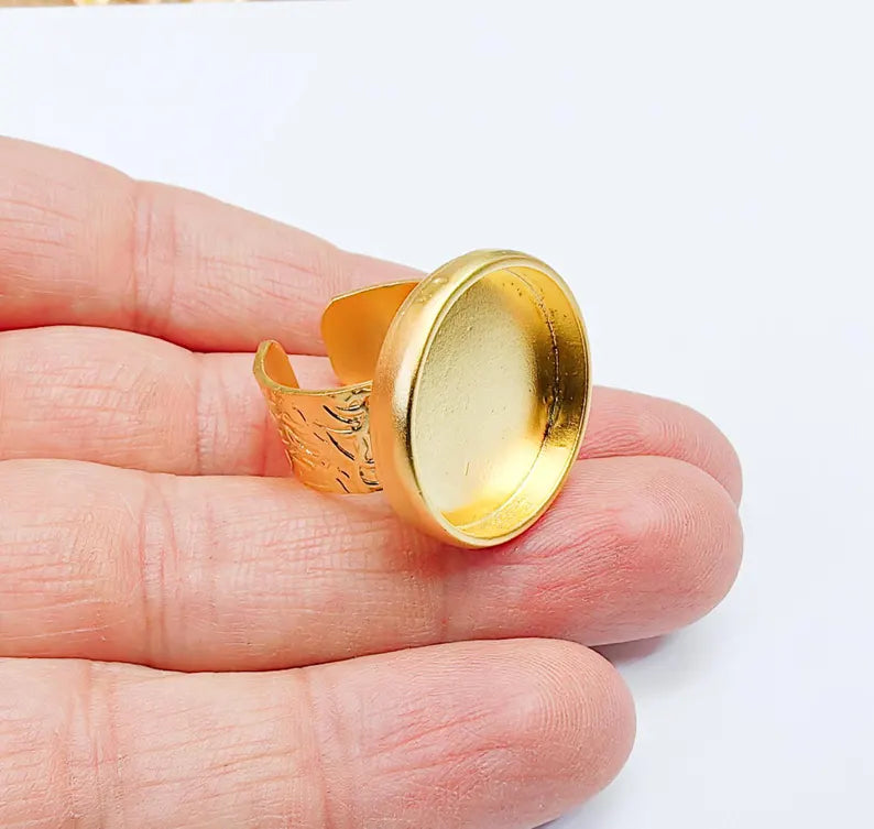 Gold Ring Base Blank Setting Cabochon Base inlay Ring Backs Mounting Adjustable Ring Base Bezel (22mm blank) Gold Plated Metal G36959