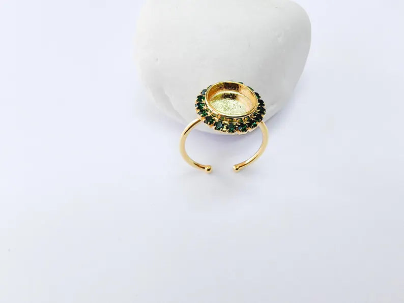 Ring Blank with Green Crystals, Ring Bezel Setting Cabochon Resin Mounting Shiny Gold Plated Brass Adjustable Ring Base (10mm bezel) G36960