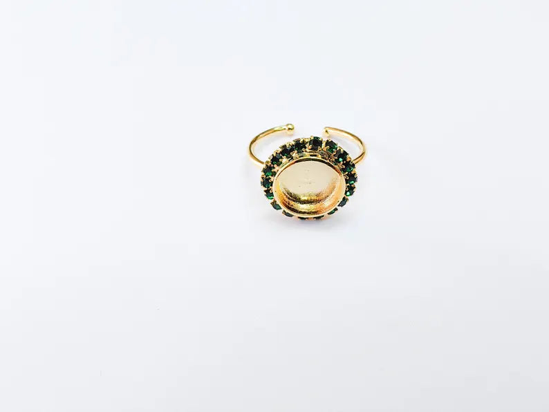 Ring Blank with Green Crystals, Ring Bezel Setting Cabochon Resin Mounting Shiny Gold Plated Brass Adjustable Ring Base (10mm bezel) G36960