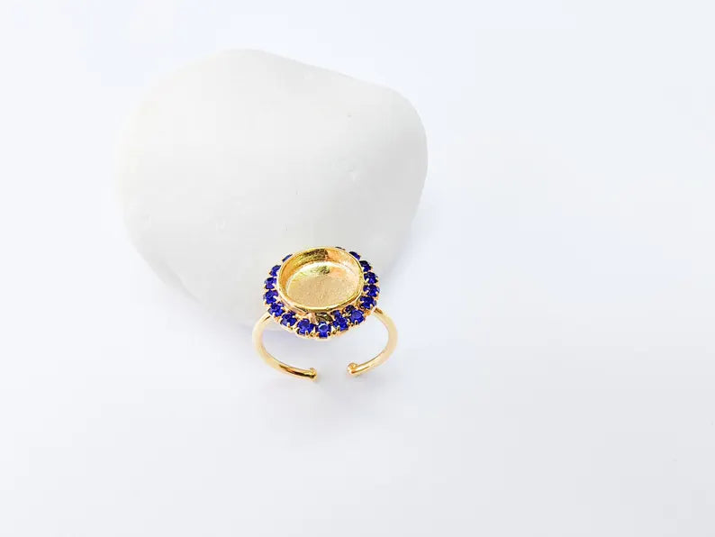 Ring Blank with Green Crystals, Ring Bezel Setting Cabochon Resin Mounting Shiny Gold Plated Brass Adjustable Ring Base (10mm bezel) G36960