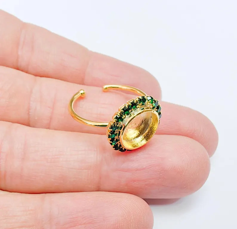 Ring Blank with Green Crystals, Ring Bezel Setting Cabochon Resin Mounting Shiny Gold Plated Brass Adjustable Ring Base (10mm bezel) G36960