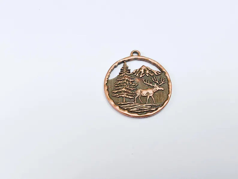Elk Pendant, Deer Charms, Moose Forest Wildlife Charm, Mountain Tree, Rustic Boho DIY Craft Supply, Antique Copper Plated 39x34mm G36924