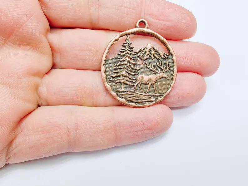 Elk Pendant, Deer Charms, Moose Forest Wildlife Charm, Mountain Tree, Rustic Boho DIY Craft Supply, Antique Copper Plated 39x34mm G36924
